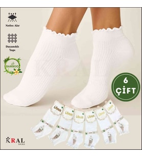 Kadın Bambu Çorap (6 ÇİFT) Fırfırlı Patik Kadın Çorap (Beyaz)