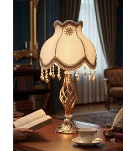 Beyaz Lulu Broşlu Kadife Başlık Gold Metal Burgulu Ayaklı Klasik Model Abajur 55x25cm