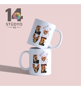 Stüdyo 14 Kişiye Özel Love Ayıcık Kalp Tasarımlı 4 Fotoğraflı Kupa - Mug ( Sevgiliye Hediye )