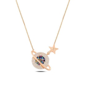 Mix Taşlı Rose Yıldızlı Satürn Model 2 Gümüş Kadın Kolye GKLSTRNMDL2-ROS