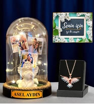 Premium Hediye Seti - Sizlere Özel Led Işıklı Fanus ve Renkli Zümrüdü Anka Kuşu Kolyesi (Model 2)