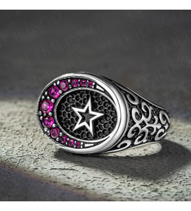 925 Ayar Gümüş Ruby Taşlı Ayyıldız Özel Tasarım Erkek Yüzük (Pembe)