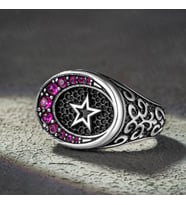 925 Ayar Gümüş Ruby Taşlı Ayyıldız Özel Tasarım Erkek Yüzük (Pembe)