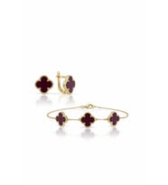 (ÇANTALI KUTULU)925 Ayar Gümüş BORDO Taşlı 2 Li Yonca Set GOLD