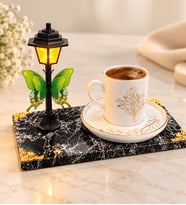 Sokak Lambalı Siyah Kaideli Hayat Ağacı Tasarımlı Premium Porselen Kahve Fincanı