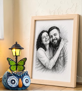 Kişiye Özel Karakalem Fotoğraflı Ahşap Çerçeve ve Baykuş Tasarımlı Masa Lambası Hediye Seti