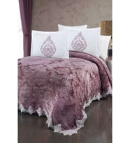 The Home Collection Larissa Fransız Güpürlü Battaniye Yatak Ört Seti-Mürdüm