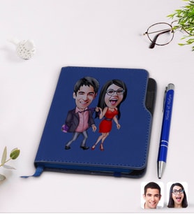 BK Gift Kişiye Özel Sevgililer Karikatürlü Lacivert Termo Deri Defter Kalem Seti-4