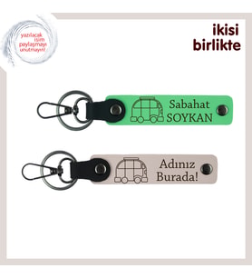 Yolda Tanışılan Gönüllere, Karavan Figürlü Kişisel İsimli Deri Anahtarlık Seti, Fıstık Yeşil-Pudra