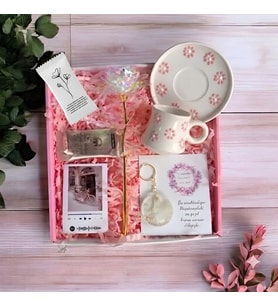 MARMORİ PEMBE ÇİÇEKLİ FİNCAN SETİ SONSUZLUK GÜLÜ KİŞİYE ÖZEL FOTOGRAF MUM EPOKSİ ANAH. HEDİYE SETİ