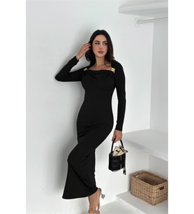 Neşeli butik kadın drapeli kayık yaka gold aksesuarlı elbise NBK4386 (Siyah)