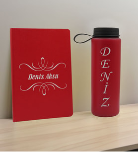 BK Gift Kişiye Özel İsimli Kırmızı Defter ve Cam Matara Hediye Seti-7, Sevgiliye Hediye, Arkadaşa Hediye, Yeni İş Hediyesi