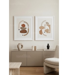 Nötr Tonlarda Modern Soyut Sanat 2’li Ahşap Çerçeveli Tablo Seti