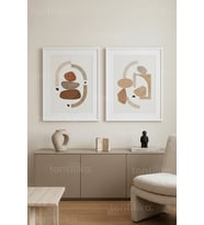 Nötr Tonlarda Modern Soyut Sanat 2’li Ahşap Çerçeveli Tablo Seti