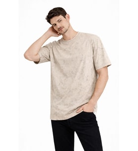 Erkek Asit Yıkama Bisiklet Yaka Kısa Kollu Oversize T-Shirt Tişört - Bej