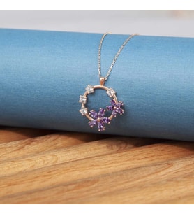 Gümüş Rose Mor Çiçek KadIn Kolye