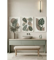 Modern Botanik Banyo Konsepti 3’lü Ahşap Çerçeveli Tablo Seti