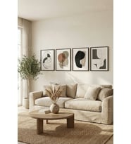 Nötr Tonlarda Modern Soyut Geometrik Formlar 4’lü Ahşap Çerçeveli Tablo Seti