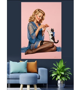 Kedi Tutan Pin-Up Kız Dekoratif Kanvas - Mdf Ahşap Tablo