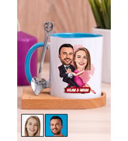 Romantik Sevgililer Günü Hediyesi Karikatürlü Ahşap Altlıklı Mavi Kupa Bardak