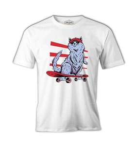 Cat Riding a Skateboard Beyaz Erkek Tshirt