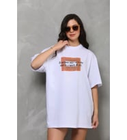 pilelistore- Unisex Bisiklet Yaka Baskılı Oversize T-Shirt - Beyaz