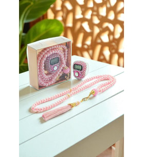 Hediyelik Taşlı Zikirmatik ve 99 lu İnci Tesbih Kutulu Set - Pembe