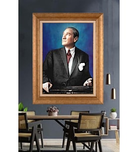 Altın Varaklı Çerçeveli Paspartulu Atatürk Tablo TR1297 (Gold)