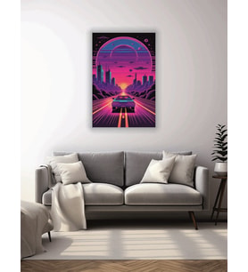 Neon Araba Temalı Cam Tablo