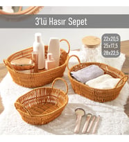 Porsima 302-D Oval 3'lü Hasır Sepet Dekoratif Ev Düzenleyici Kendinden Kulplu Hasır Sepet Seti Banyo Düzenleyici Sepet