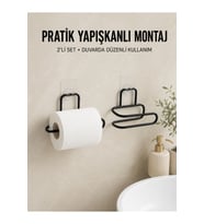 2 Adet Yapışkanlı WC Kağıtlık Siyah Metal Duvar Tipi Rulo Tutucu