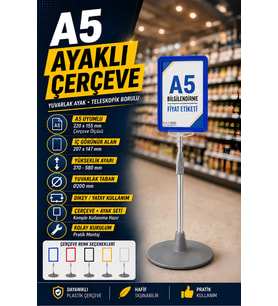 A5 Ayaklı Menü ve Fiyat Bilgi Standı Yuvarlak Tabanlı Teleskopik Çerçeve Etiketlik Mavi