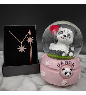 Sevimli Işıklı Panda Kar Küresi& Rose Gold Kutup Yıldızı Zirkon Taşlı Kolye ve Bileklik Hediye Seti