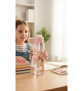 ByMyHand Pembe Hayvan FigürlüTaşıma Kulplu Kilit Kapaklı Pipetli Suluk Okul Matarası 1000 Ml