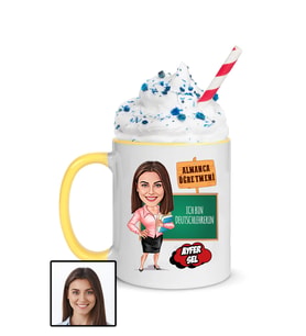Kadın Almanca Öğretmenine Hediye Karikatürlü Sarı Kupa Bardak