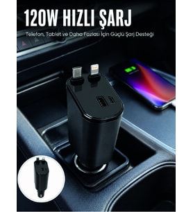 180° Ayarlanabilir Araç Şarj Adaptörü Dijital Ekranlı Geri Çekilebilir Kablolu Hızlı Şarj Cihazı