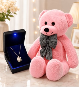 Işıklı Kutuda 925 Ayar Gümüş Altın Kaplama Baget Taşlı Pırlanta Montür Kolye ve 80 cm Pembe Peluş Ayıcık Hediye