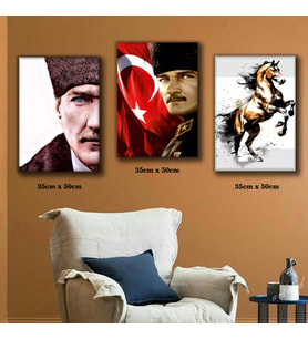 mustafa kemal atatürk bayraklı şahlanan at tablosu 3 adet 35cmx50cm kumaş baskılı canvas tablo