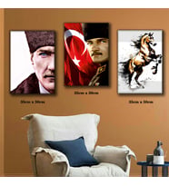 mustafa kemal atatürk bayraklı şahlanan at tablosu 3 adet 35cmx50cm kumaş baskılı canvas tablo