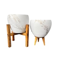 Bitki Tasarımı Beyaz Üzeri Gold Mermer Efektli Toprak Saksı Saksılık Salon Çiçeklik İkili Set 3 Ayaklı- 4 Ayaklı- 15 Cm
