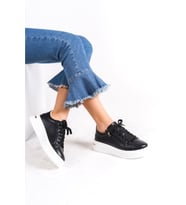 Bağcıklı  Siyah Kadın Sneaker Spor Ayakkabı (Karışık)