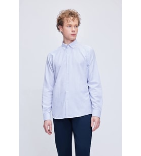 Mavi Comfort Fit Çizgili Pamuklu Düğmeli Yaka Uzun Kollu Casual Gömlek