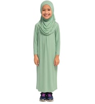 Penye Kendinden Başörtülü Çocuk Namaz Elbisesi Açık Yeşil/ 6-7-8 yaş
