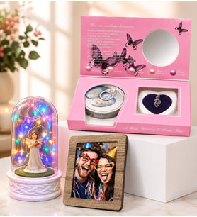 Kişiye Özel Fotoğraflı Renkli Led Işıklı Fanus & İstiridye İnci Kolye Hediye Seti (Model 6)