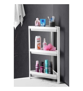 3 Katlı Üçgen Köşe Rafı - Plastik - Banyo, Mutfak, Balkon, Kiler Düzenleyici Raf (Beyaz)