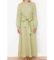 Moda Regular Casual Günlük Crinkle Dokuma Bisiklet Yaka Uzun Kol Shift Maxi Boy Tesettür Elbise