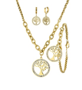 Forentina Çelik Gold Renk Hayat Ağacı Kolye Küpe Bileklik Set PS4115