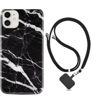 Apple iPhone 11 12 13 Mini Kılıf Boyun Askılı Silikon Siyah Şerit Mermer 1318