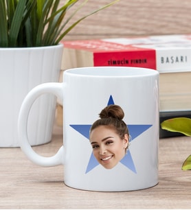 Kişiye Özel Mavi Yıldız Kafa Fotoğraflı Beyaz Kupa Bardak