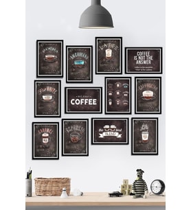 12 Parça Çerçeve Görünümlü Kahve Cafe Çeşitleri Temalı Mdf Tablo Seti (80x80 Cm)
